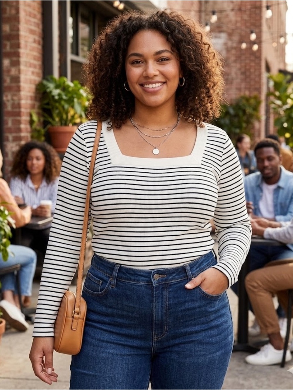 Terra & Sky Cream and Black Square Neck Striped Long-Sleeve Top